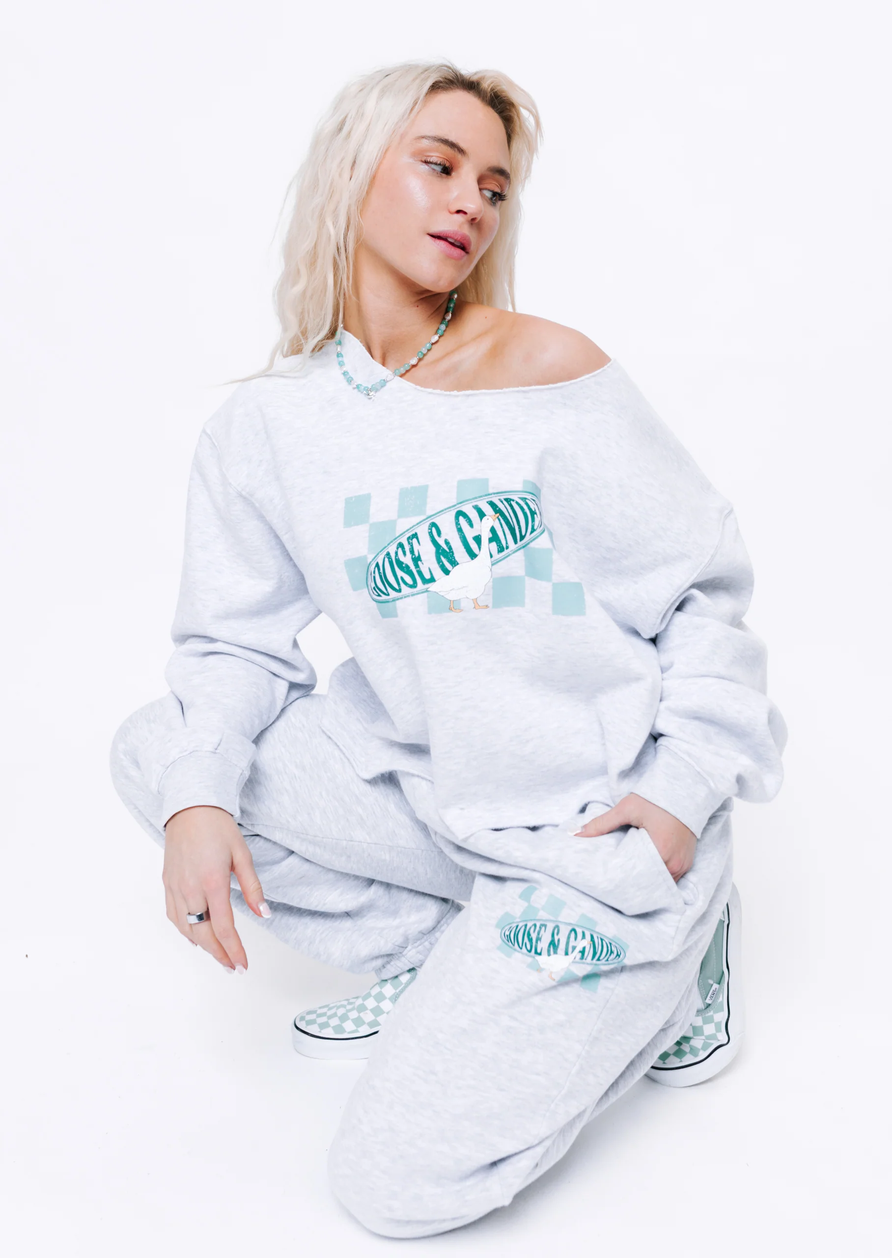 L&L Checkered Off The Shoulder Sweatshirt - Ash Grey - Image 11