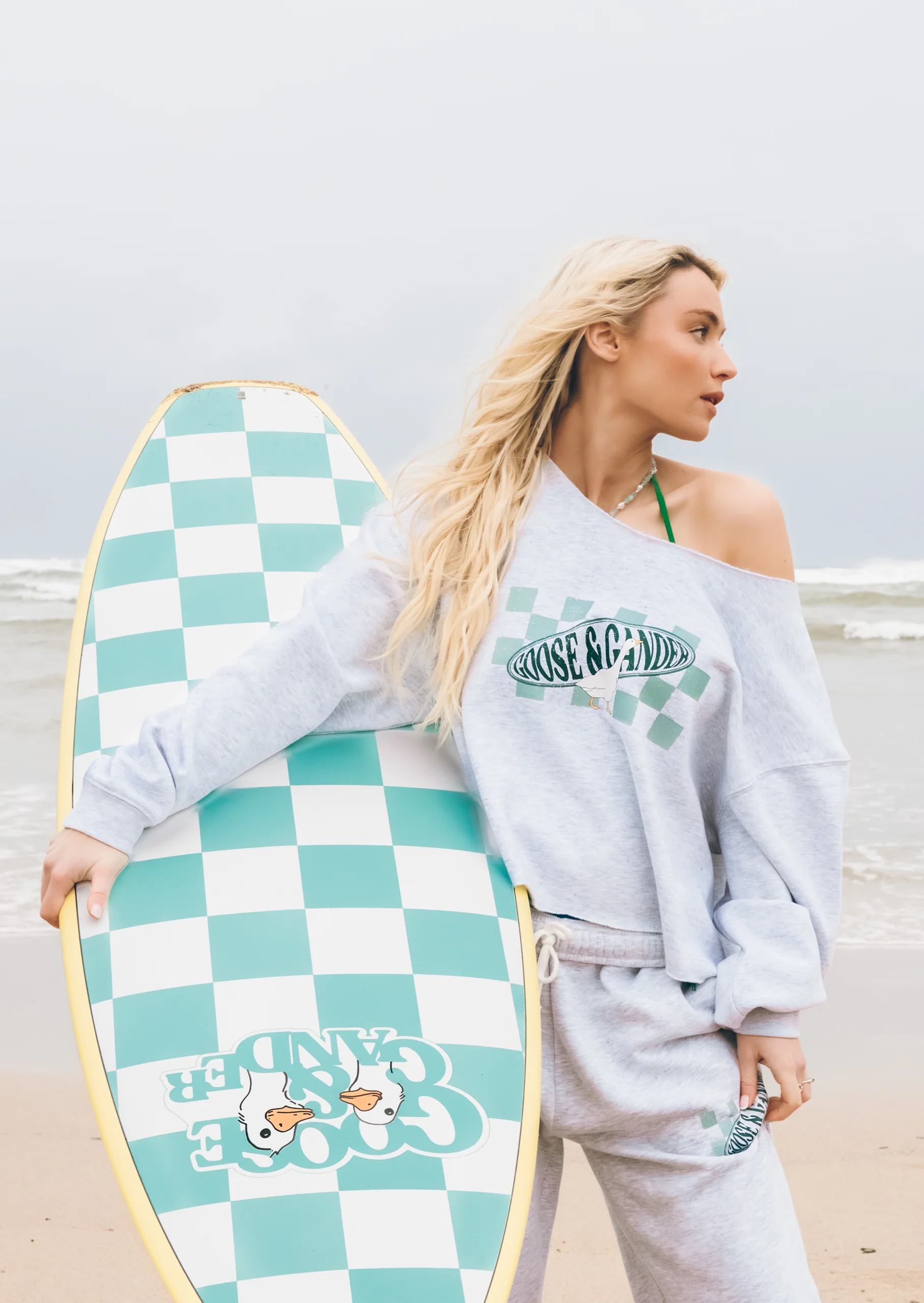 L&L Checkered Off The Shoulder Sweatshirt - Ash Grey - Image 4