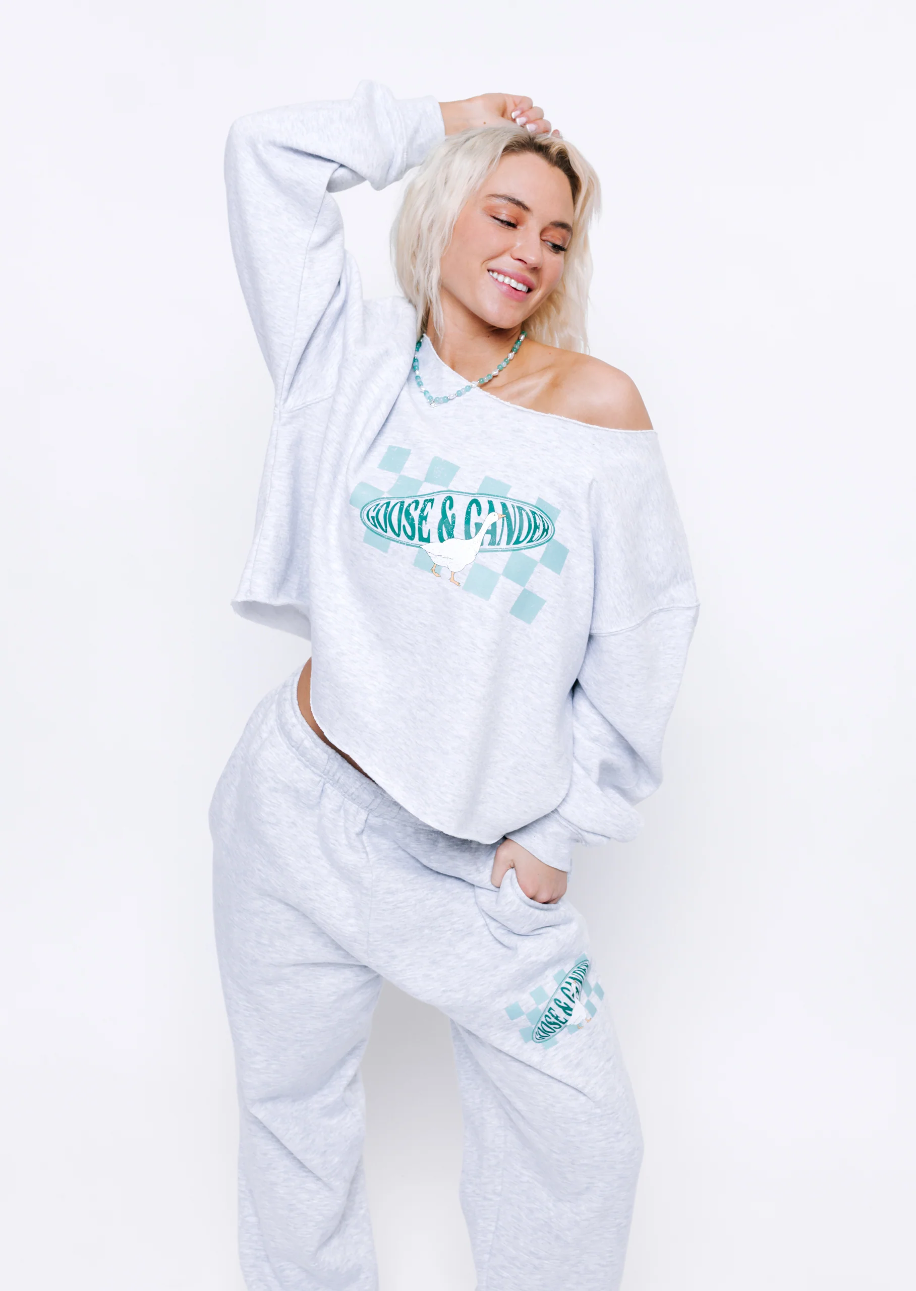 L&L Checkered Off The Shoulder Sweatshirt - Ash Grey - Image 7