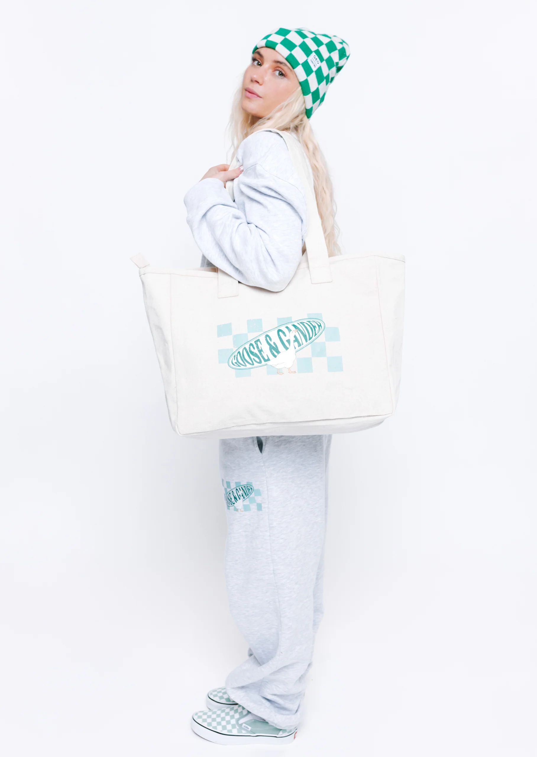 L&L Checkered Zip Tote Bag - Natural - Image 4