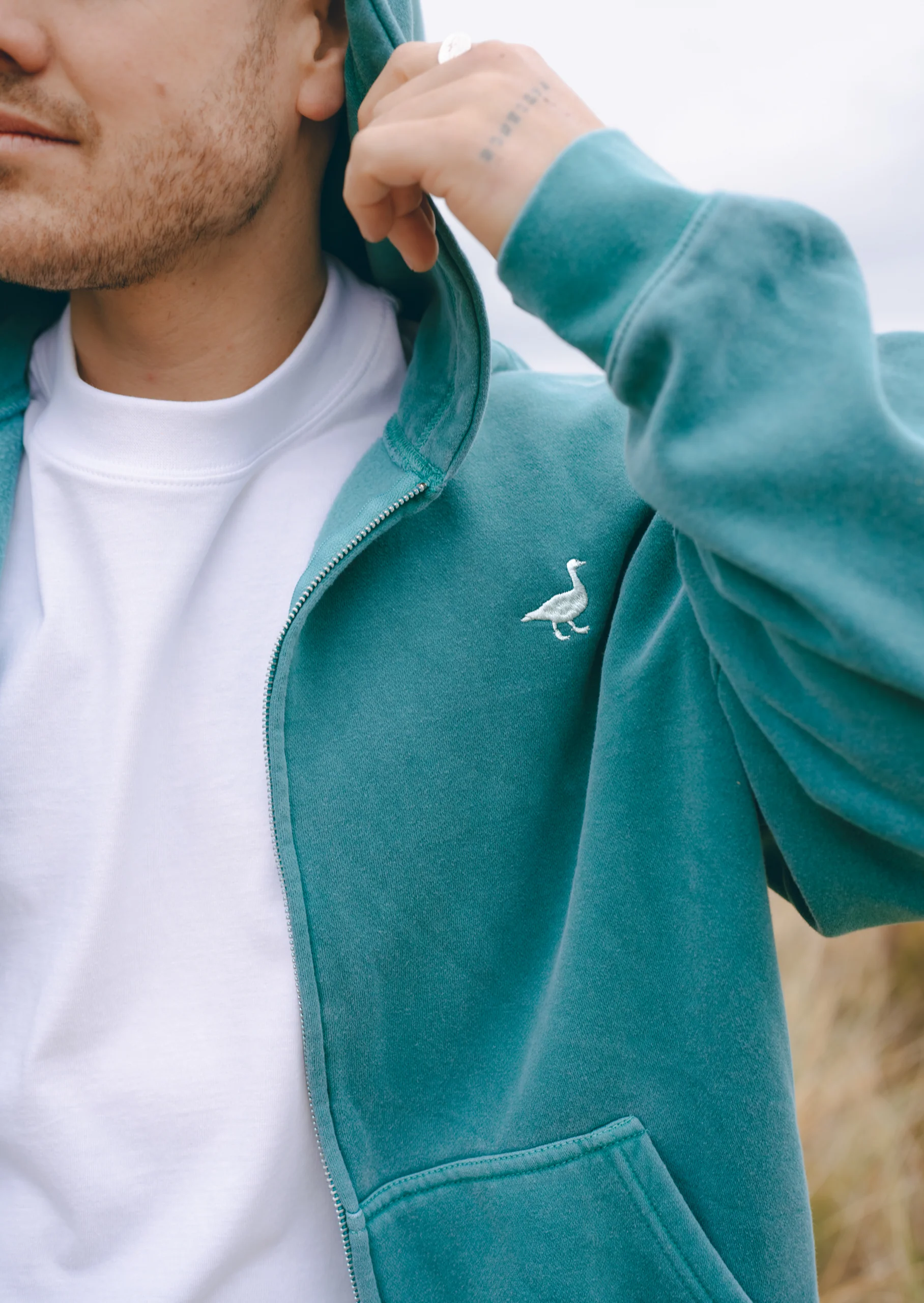 L&L Goose Embroidered Full Zip Hoodie - Washed Green
