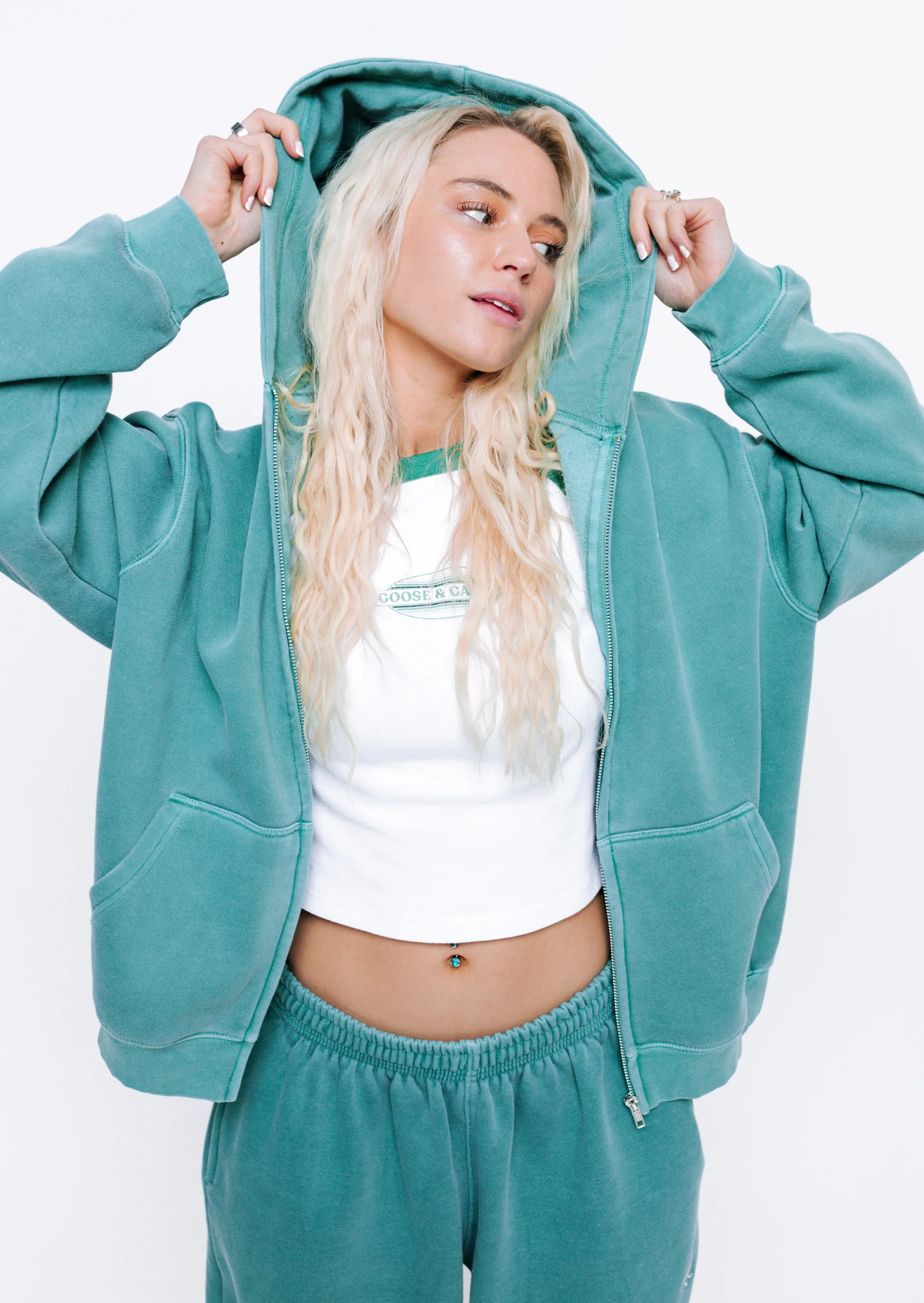 L&L Goose Embroidered Full Zip Hoodie - Washed Green - Image 10