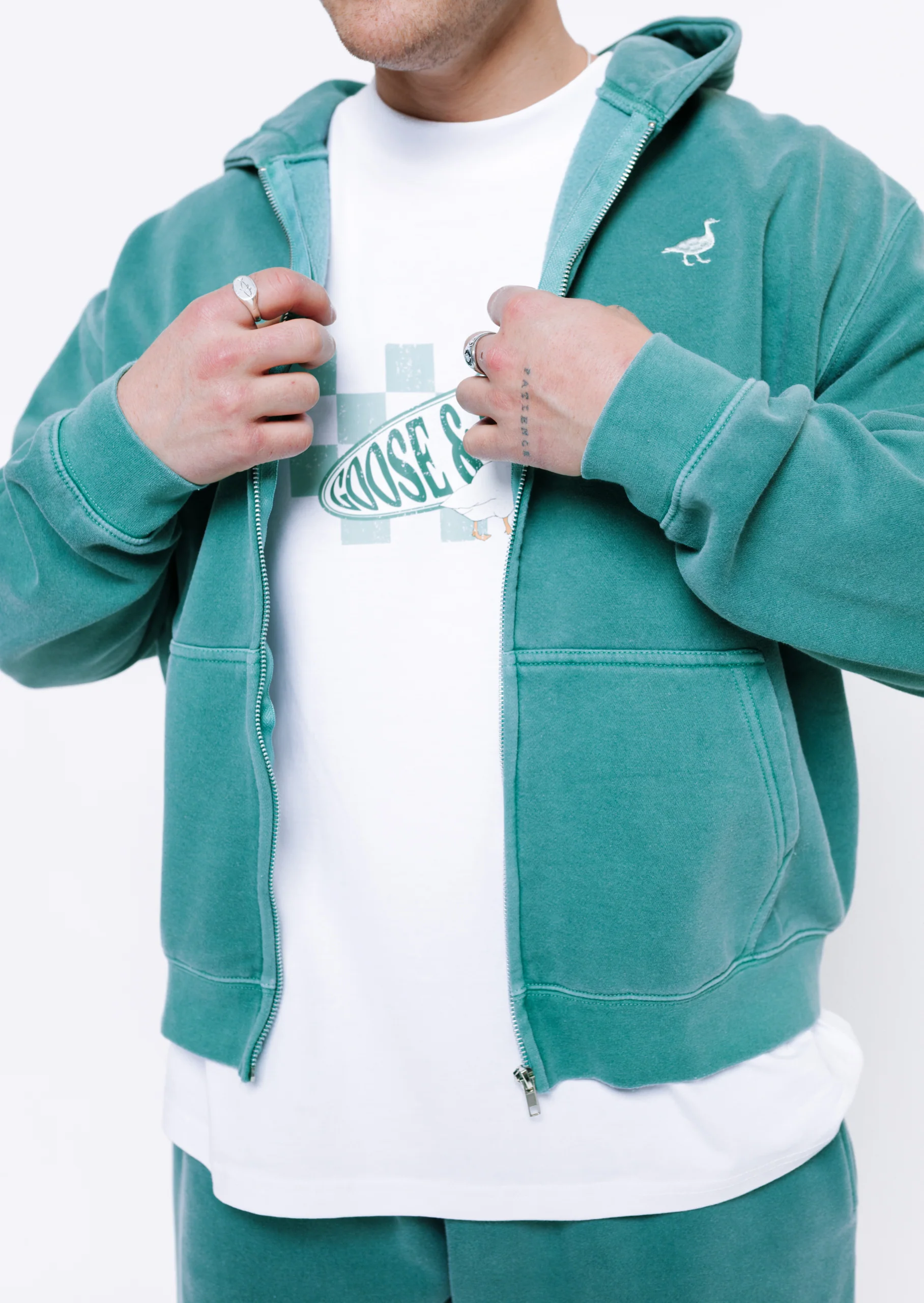 L&L Goose Embroidered Full Zip Hoodie - Washed Green - Image 11