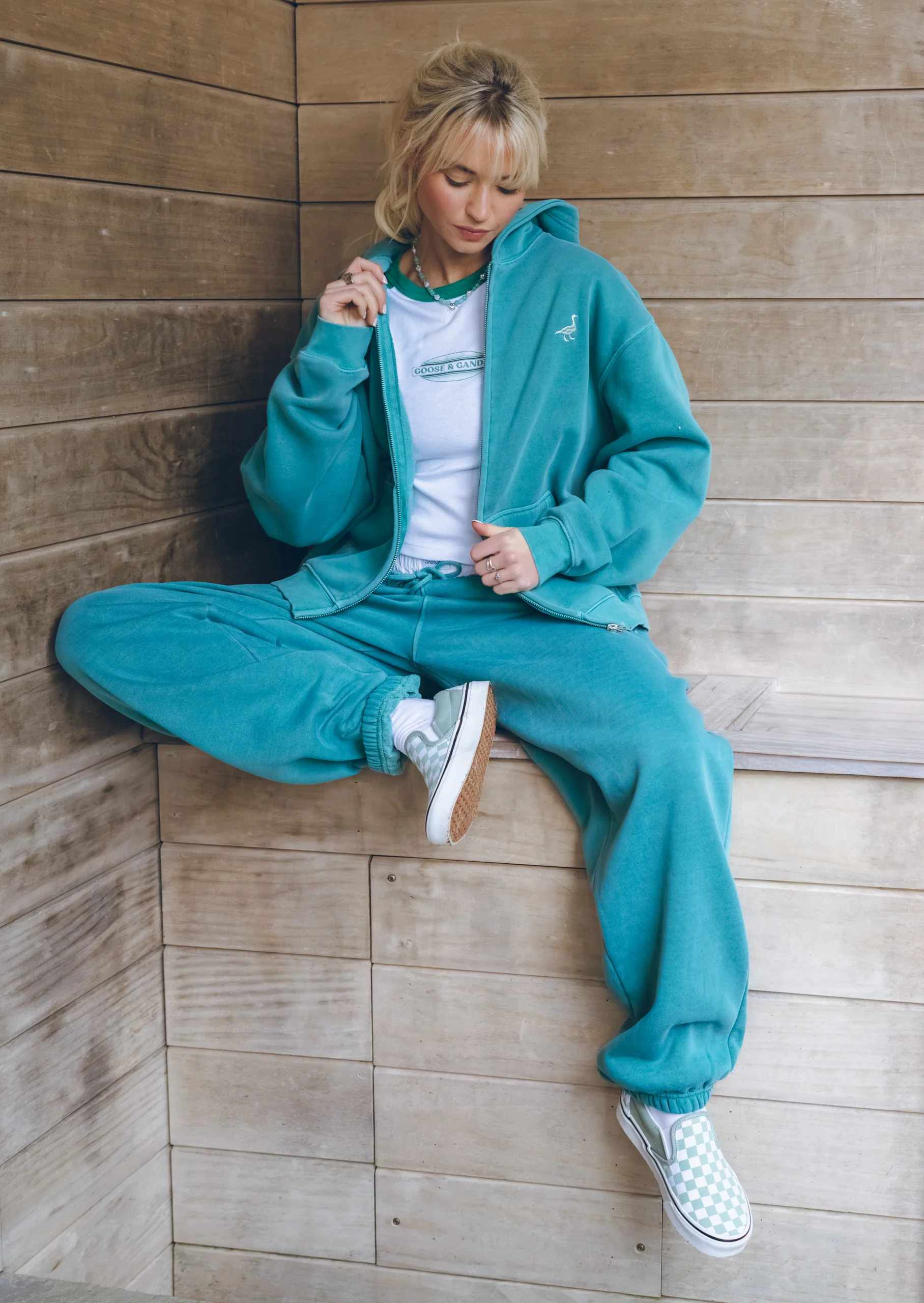 L&L Goose Embroidered Full Zip Hoodie - Washed Green - Image 14