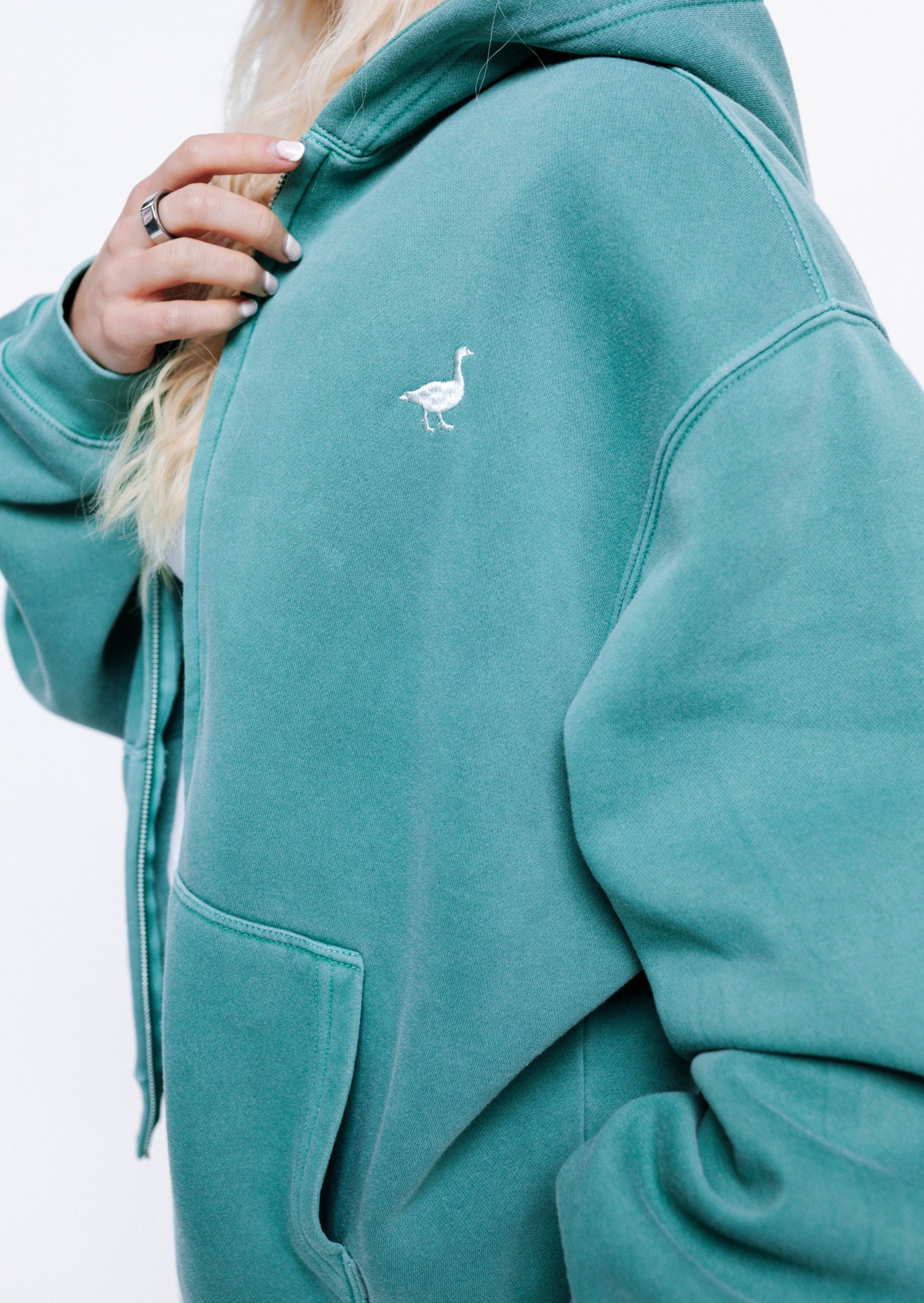 L&L Goose Embroidered Full Zip Hoodie - Washed Green - Image 16