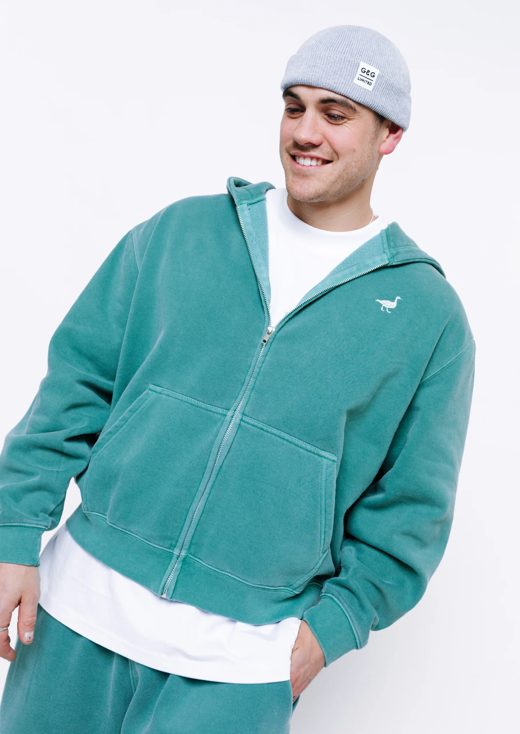 L&L Goose Embroidered Full Zip Hoodie - Washed Green - Image 18