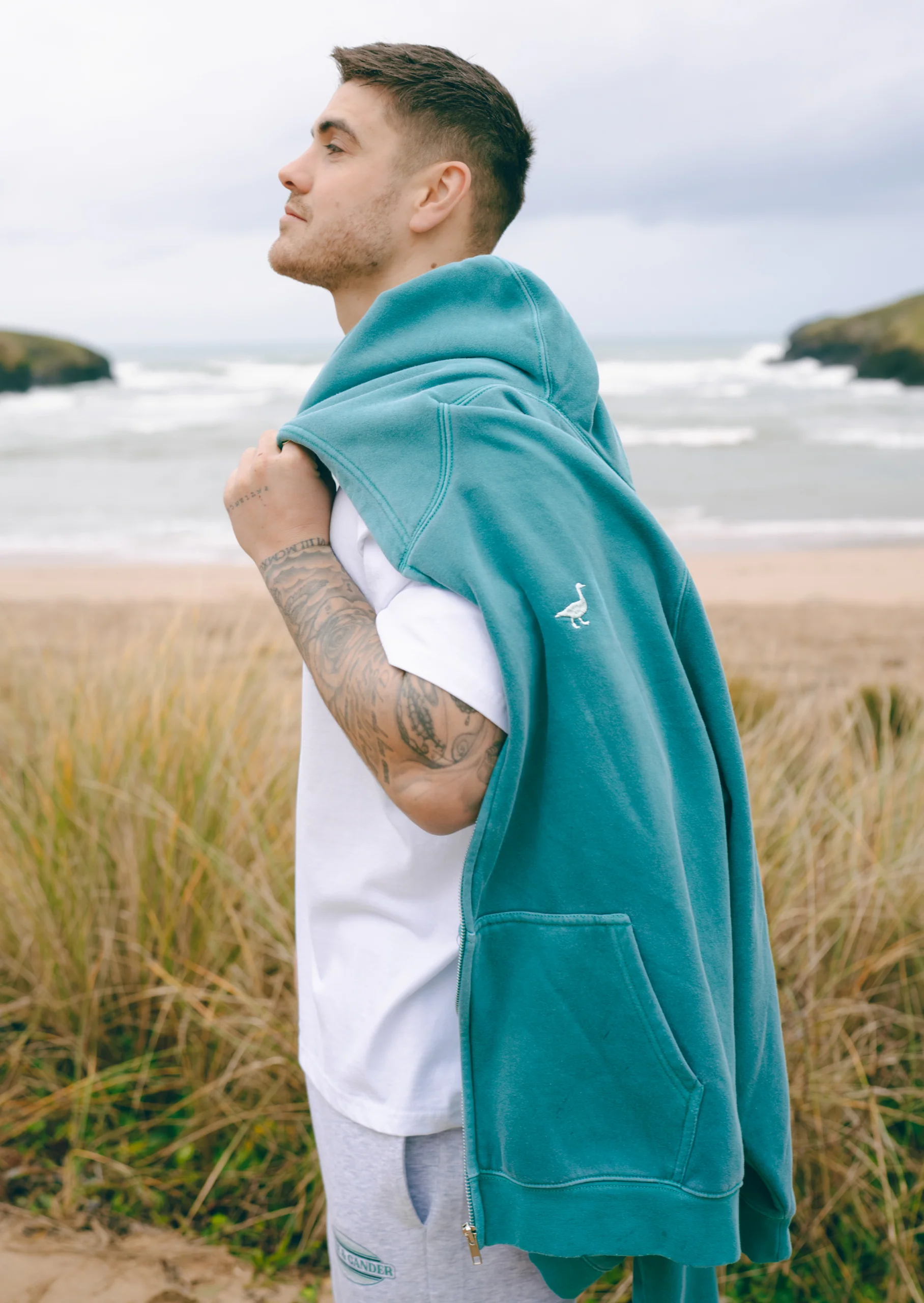 L&L Goose Embroidered Full Zip Hoodie - Washed Green - Image 5