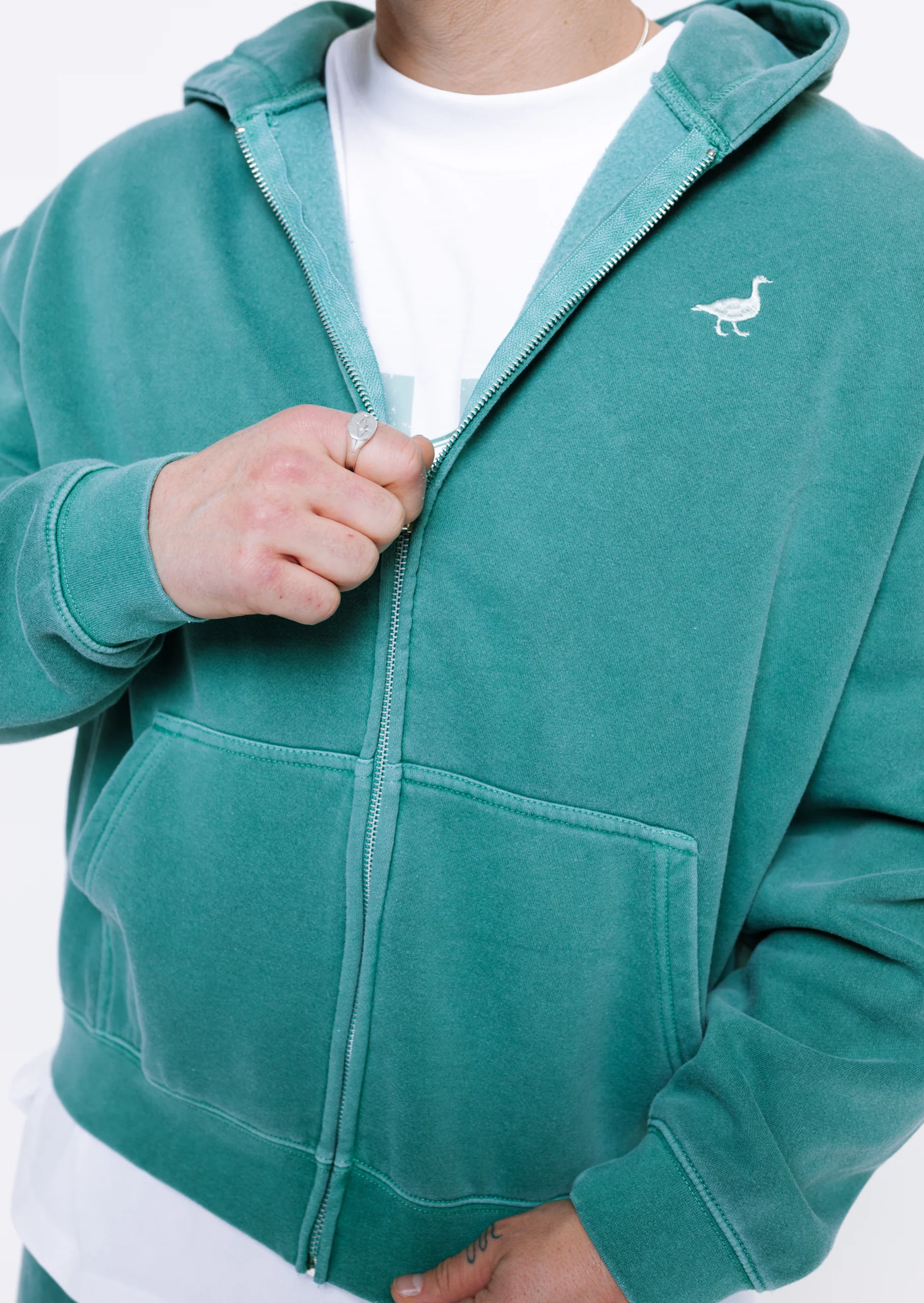 L&L Goose Embroidered Full Zip Hoodie - Washed Green - Image 6