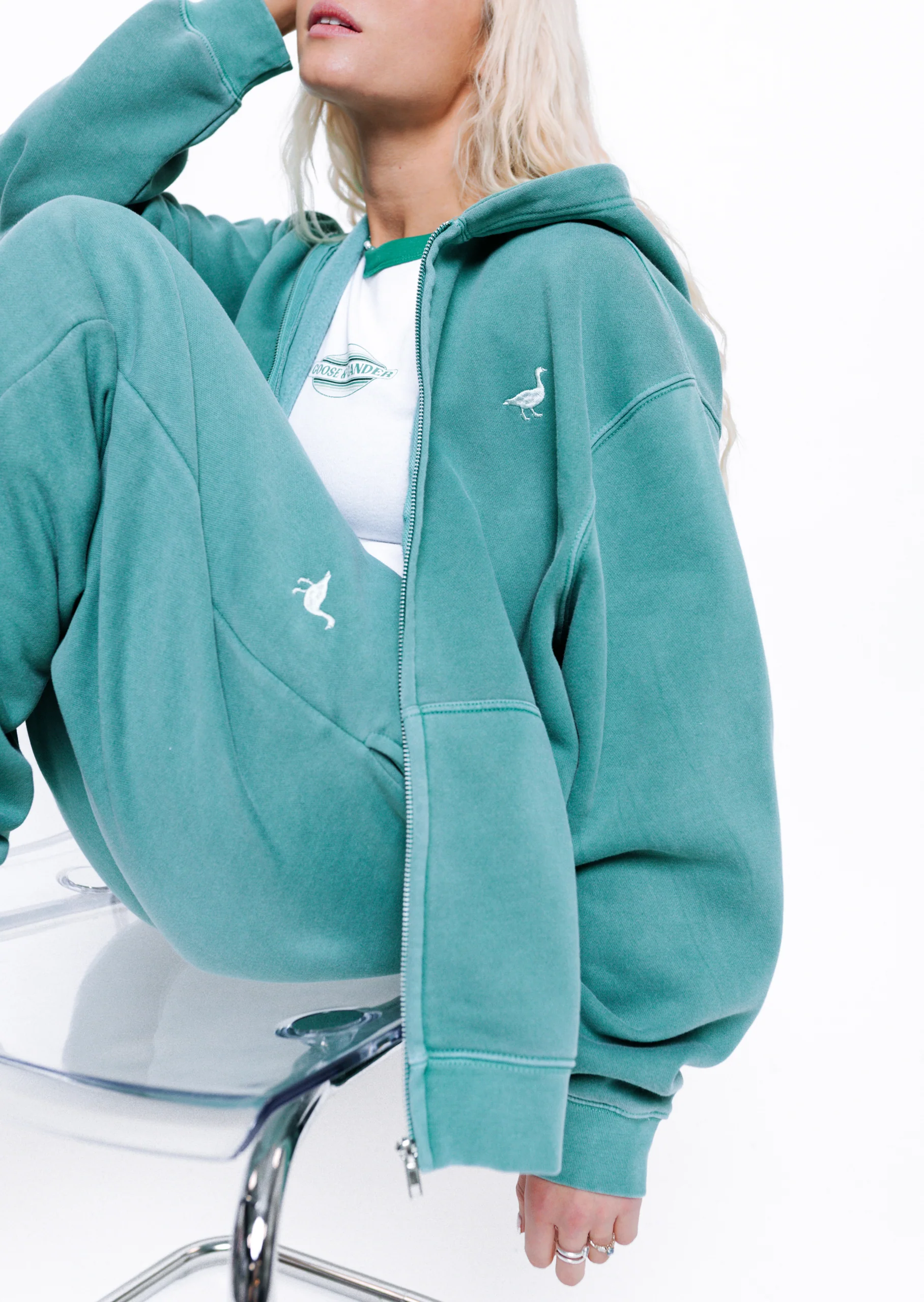 L&L Goose Embroidered Full Zip Hoodie - Washed Green - Image 9