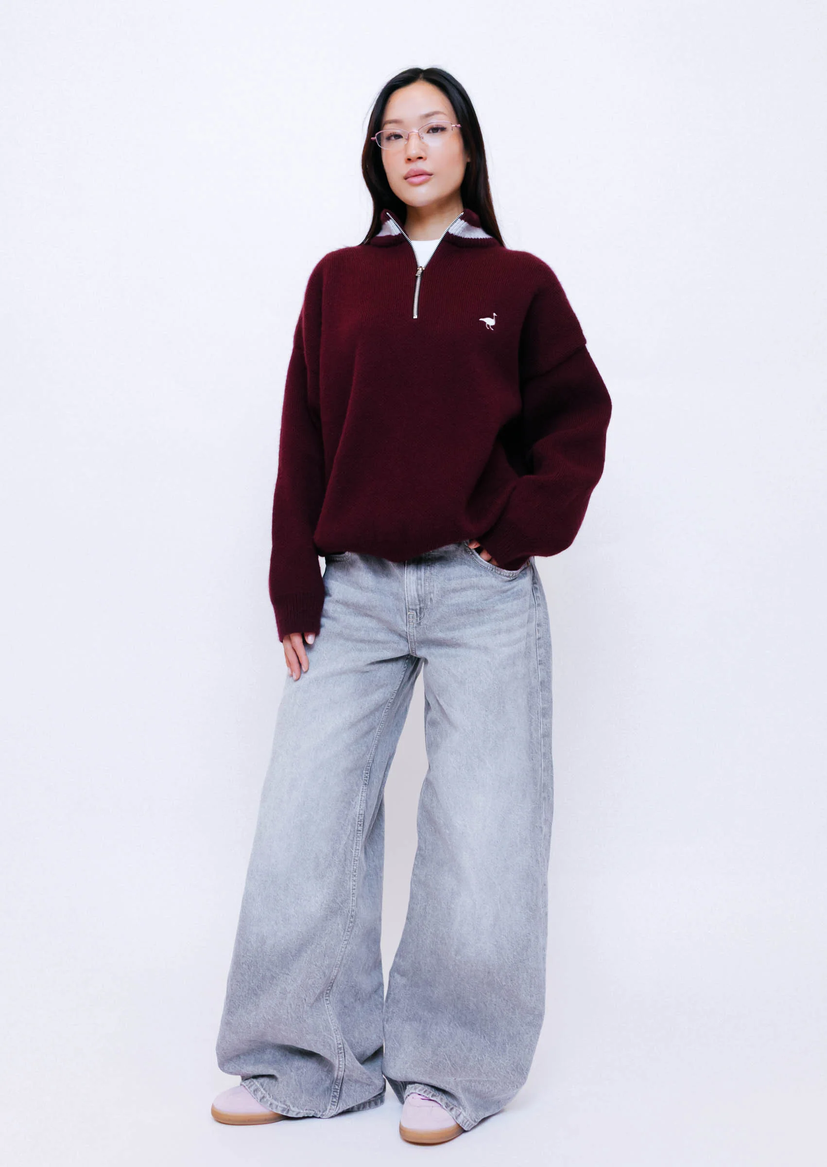 Knitted Goose 1/4 Zip Sweat - Burgundy - Image 3