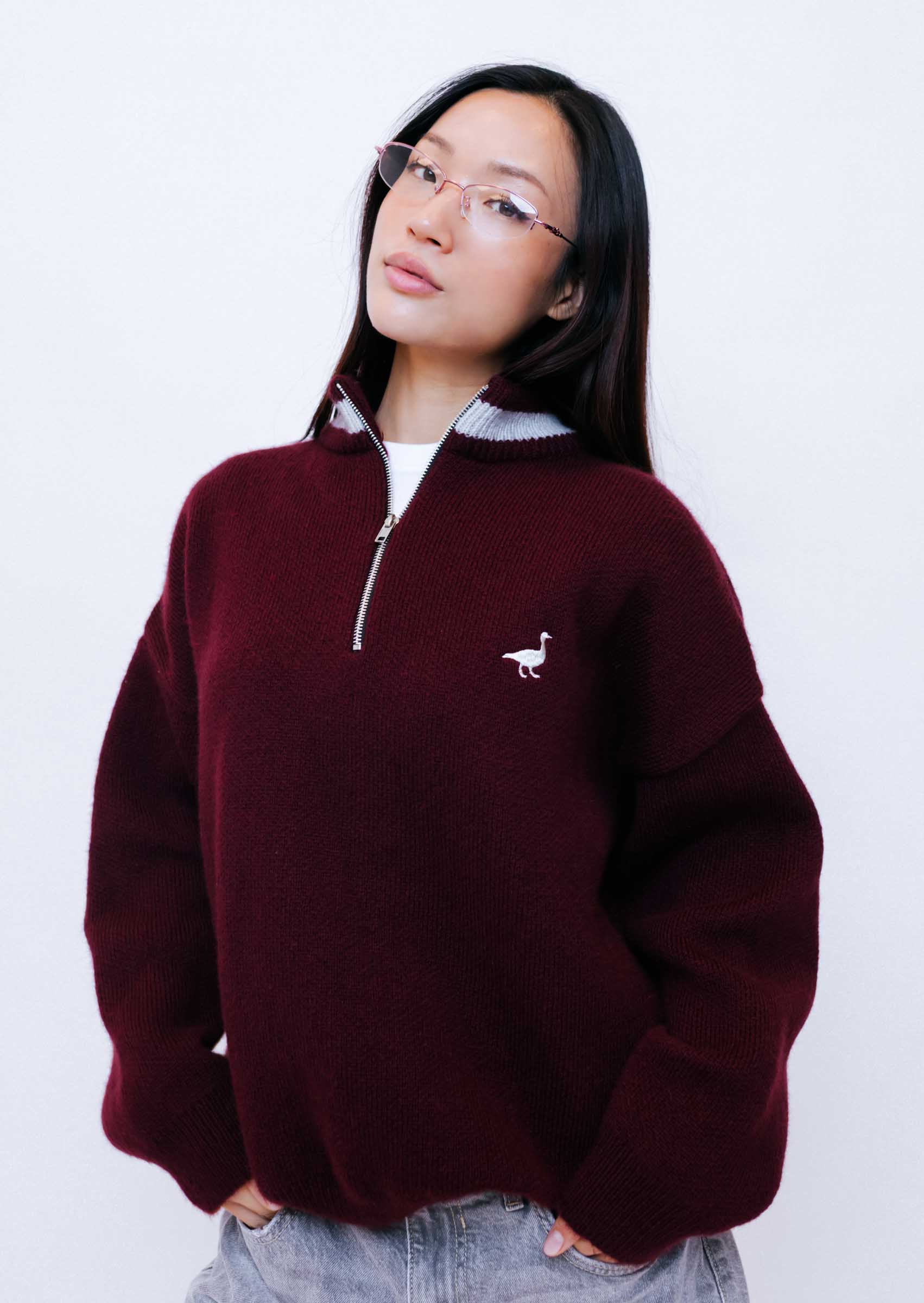 Knitted Goose 1/4 Zip Sweat - Burgundy - Image 4
