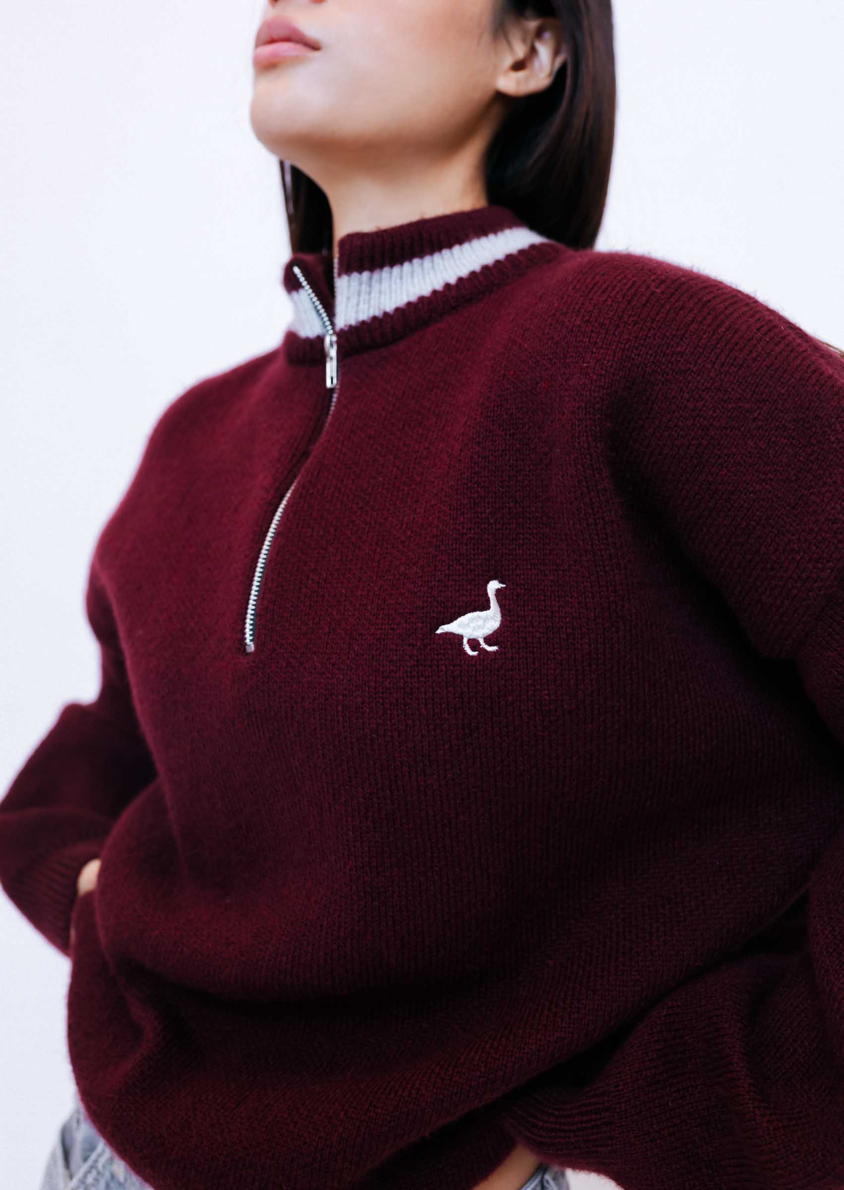Knitted Goose 1/4 Zip Sweat - Burgundy - Image 5