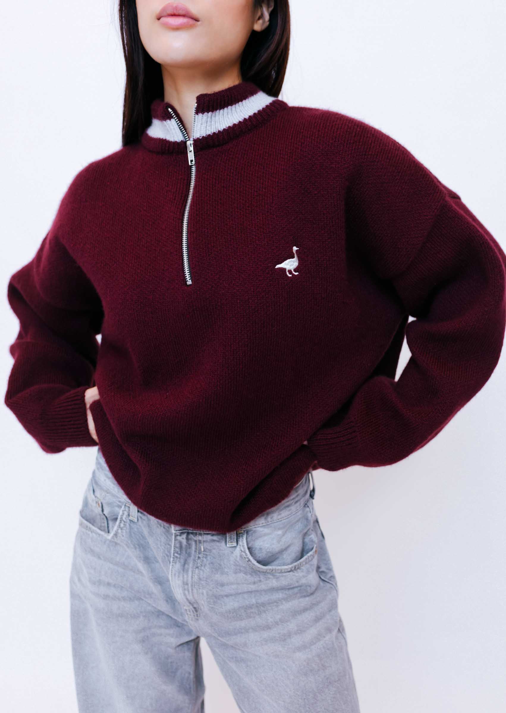 Knitted Goose 1/4 Zip Sweat - Burgundy - Image 6