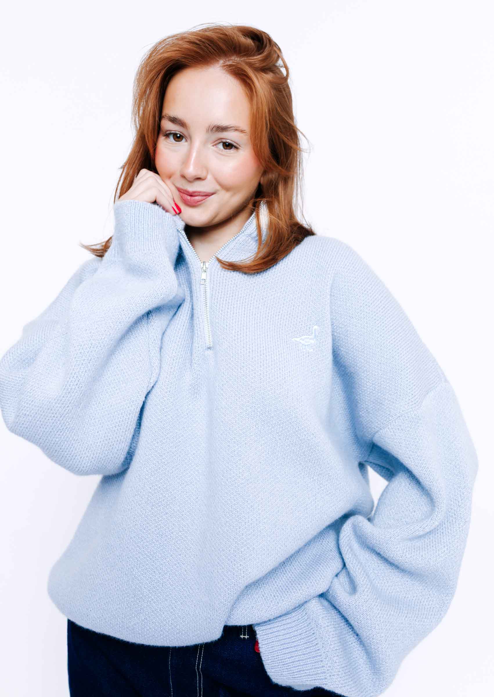 Knitted Goose 1/4 Zip Sweat - Pastel Blue - Image 3