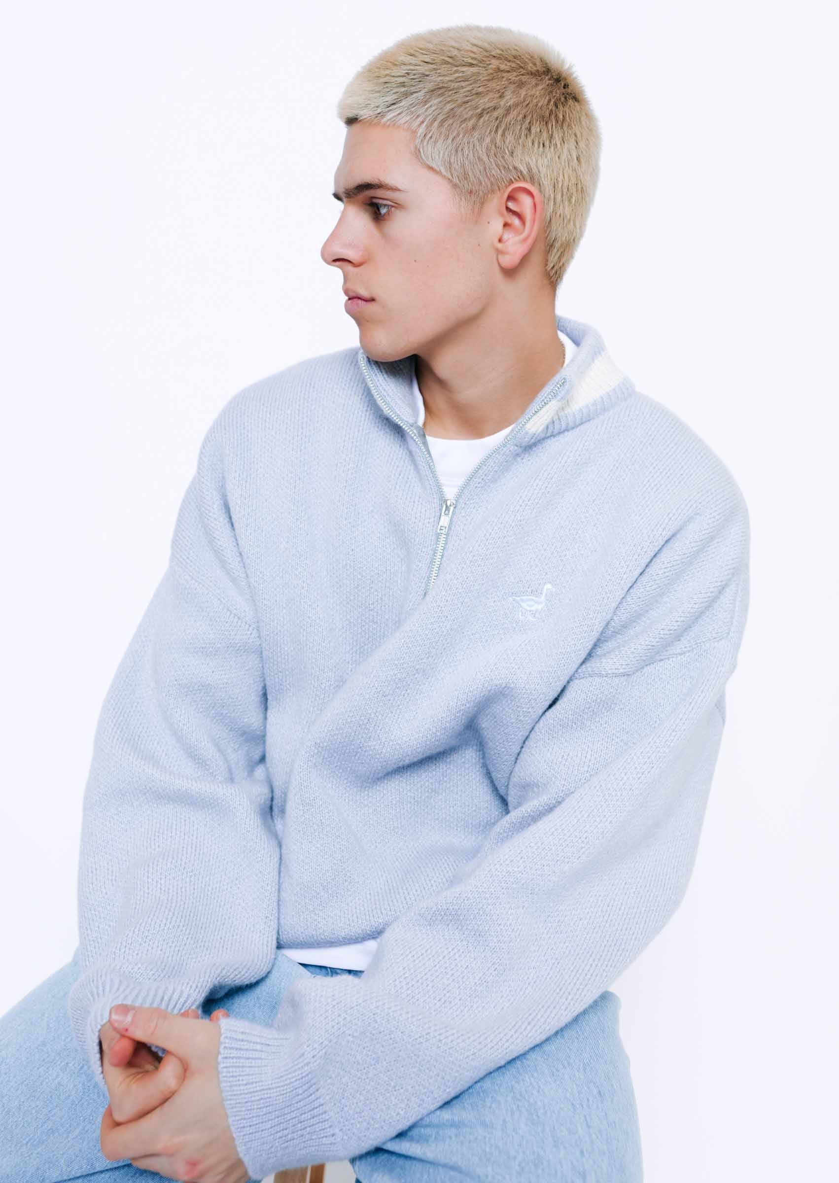 Knitted Goose 1/4 Zip Sweat - Pastel Blue - Image 8