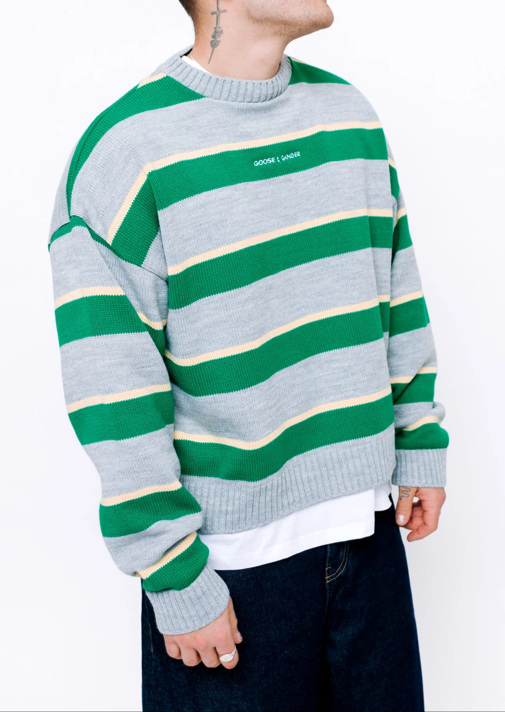 Striped Knitted Writing Sweatshirt - Green/Yellow - Image 12