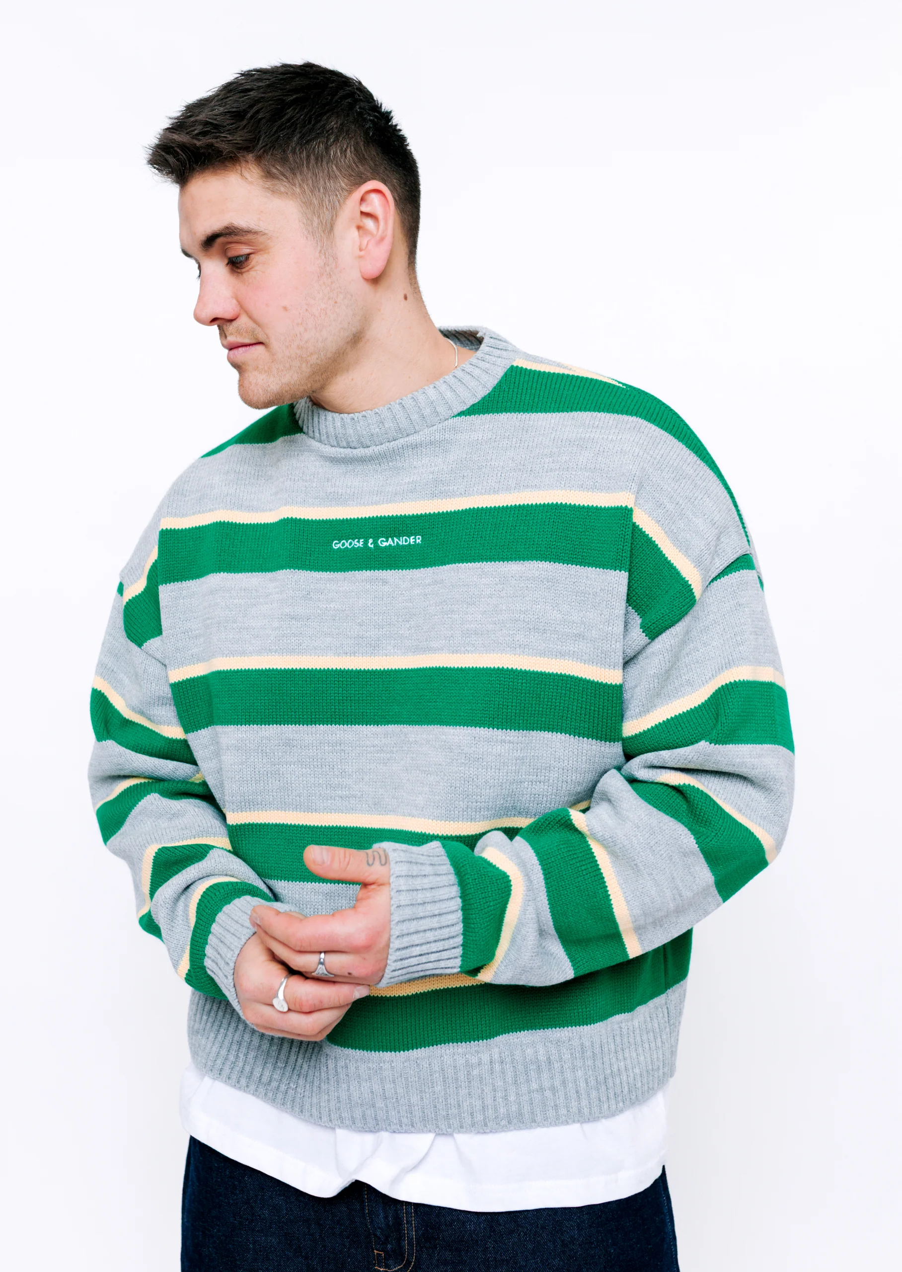 Striped Knitted Writing Sweatshirt - Green/Yellow - Image 15