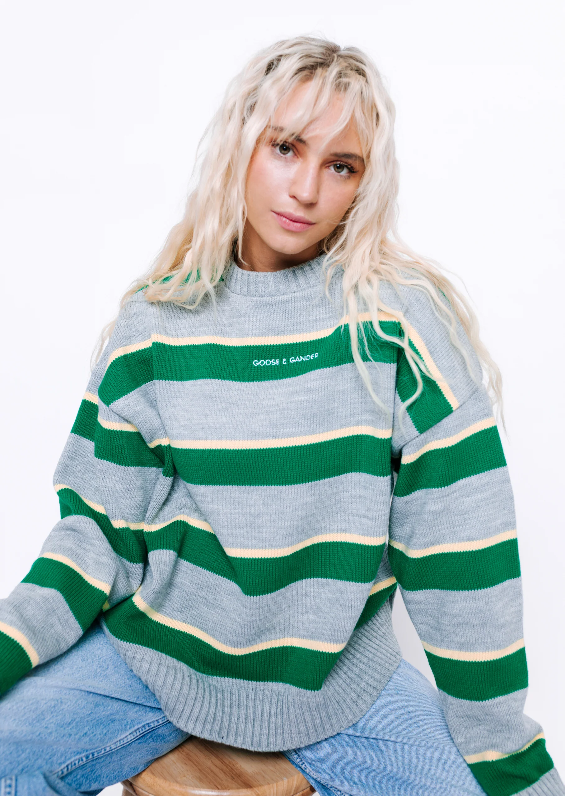 Striped Knitted Writing Sweatshirt - Green/Yellow - Image 4