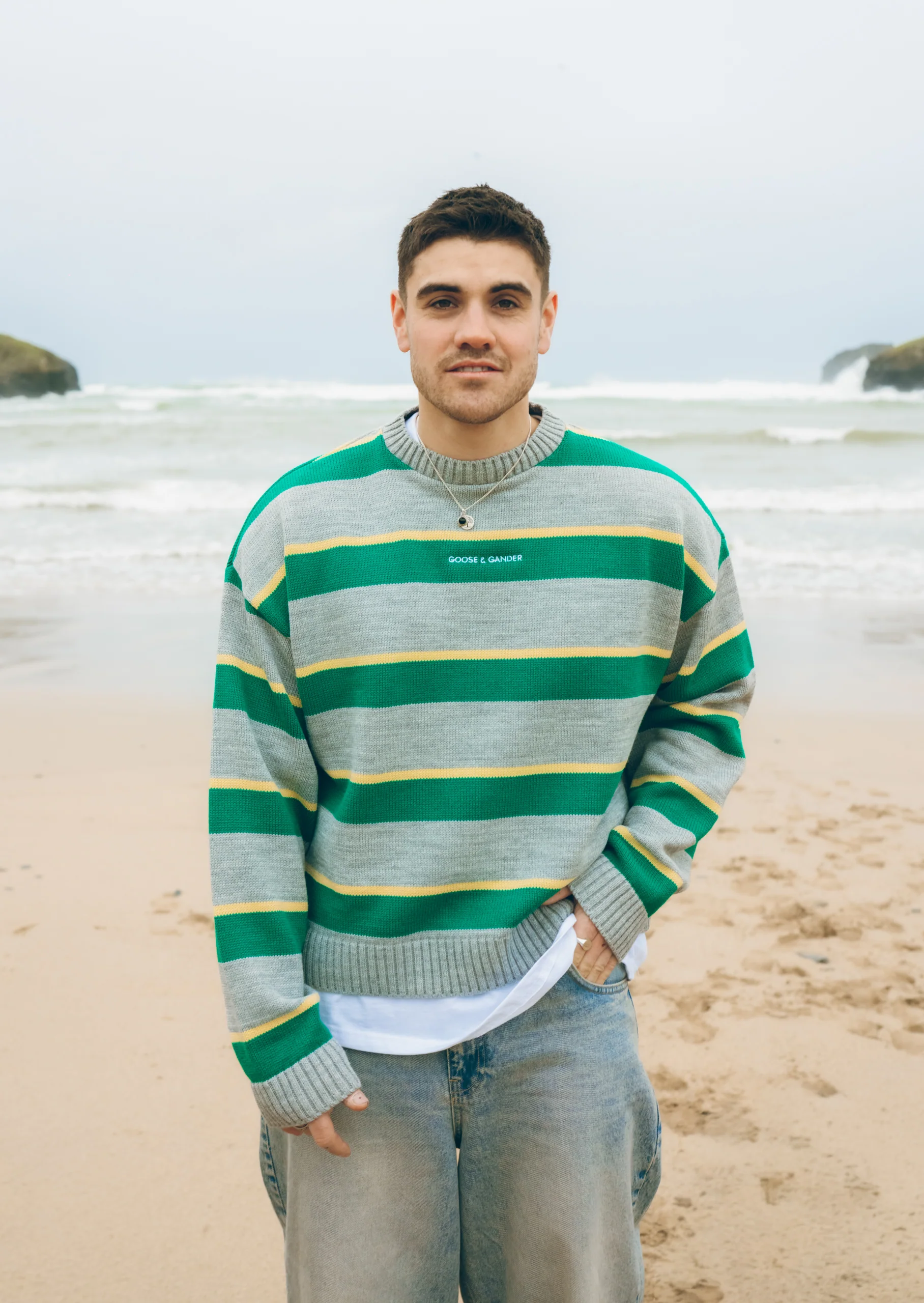 Striped Knitted Writing Sweatshirt - Green/Yellow - Image 7